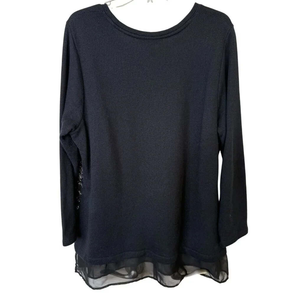 Style & Co Woman 2X Black Metallic Knit Top Sheer Hem Sweater with Sparkle Party - Picture 2 of 7